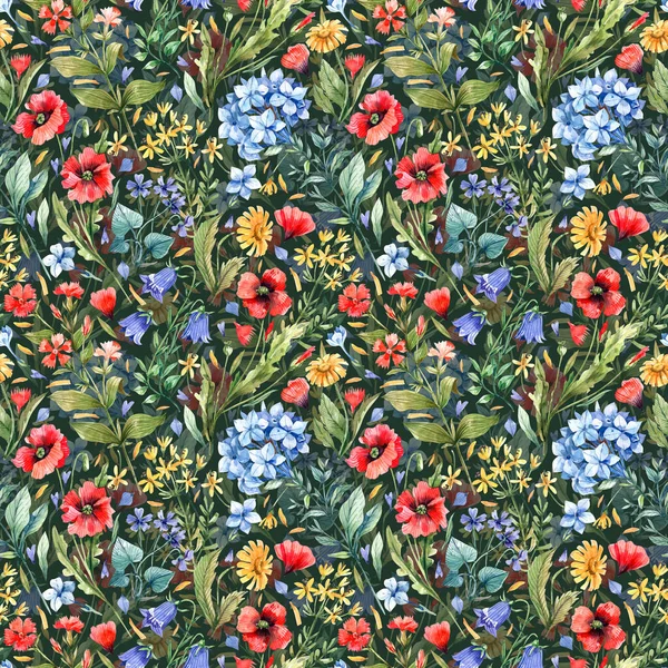 Jasne Kwiatowe Bezszwowe Wzory Dzikimi Kwiatami Ciemnym Tle Maki Hortensje — Zdjęcie stockowe
