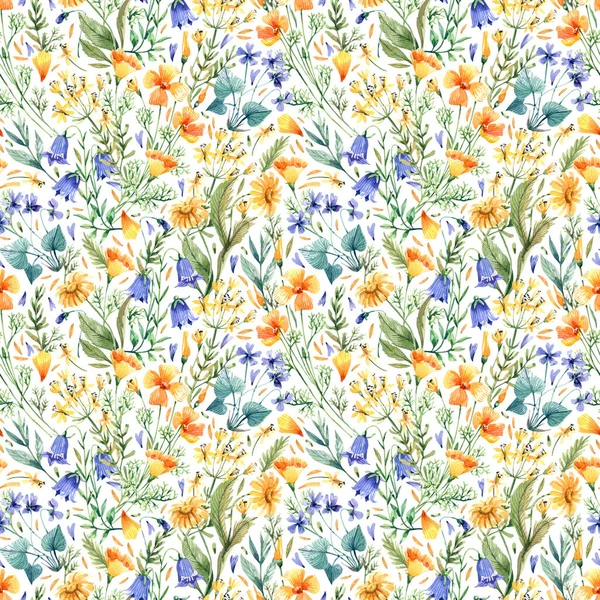 Watercolor, floral, seamless pattern with yellow and blue wildflowers on a white background. Wild flowers background. Bluebells, violets, daisies seamless texture.