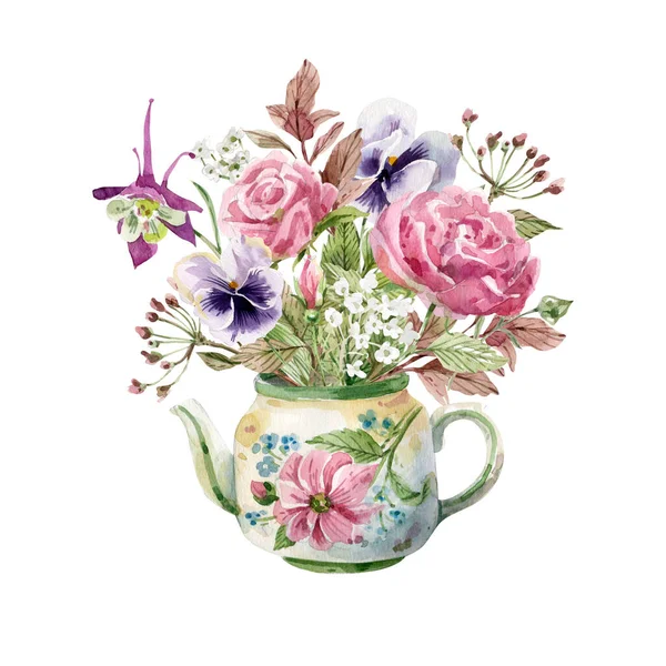 배경에 아름다운 꽃병에 꽃다발 삽화가 찻주전자 바이올린 꽃들의 전시장 — 스톡 사진