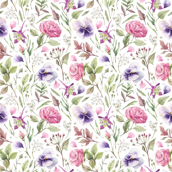 繊細な庭の花 お茶のバラ 白い背景のスミレと水彩 シームレスなパターン 花の背景 水彩画 — ストック写真