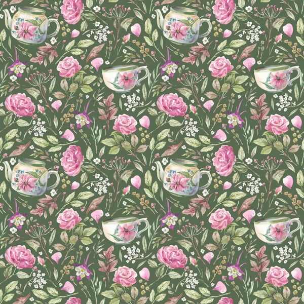 Akvarell Sömlös Mönster Med Trädgård Blommor Chinaware Pastell Grön Bakgrund — Stockfoto