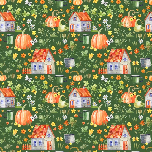Aquarell Nahtloses Muster Mit Orangefarbenen Kürbissen Rustikalen Häusern Blumen Und — Stockfoto
