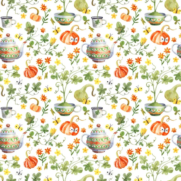Jasny Akwarelowy Wzór Małymi Pomarańczowymi Dyniami Porcelanowym Czajnikiem Kwiatami Ogrodowymi — Zdjęcie stockowe