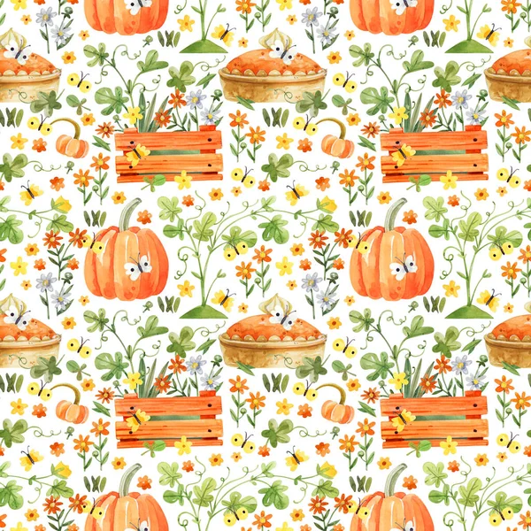 Helles Aquarelliertes Muster Mit Orangefarbenen Kürbissen Blumenkästen Gartenblumen Auf Weißem — Stockfoto