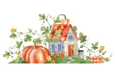Turuncu kabaklı, suluboya resimli şirin bir köy evi. Kağıtlar, hatıra defteri, dekupaj için el çizimi illüstrasyon.