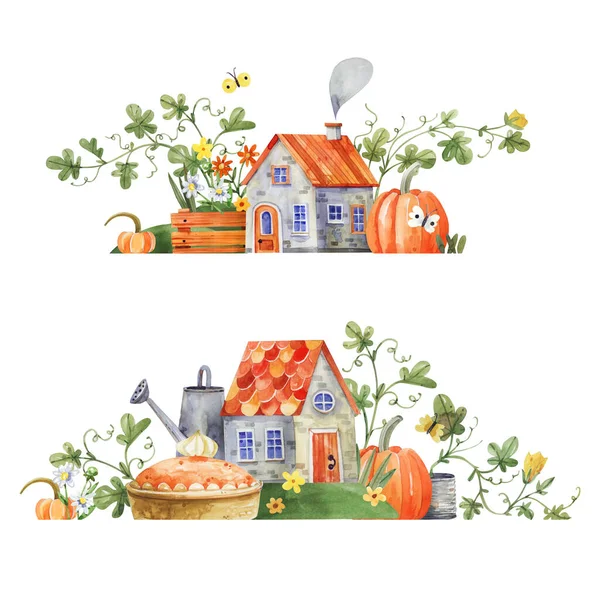 Hand Drawn Watercolor Illustration Rural Houses Pumpkin Fields Cute Houses — Stock Photo, Image