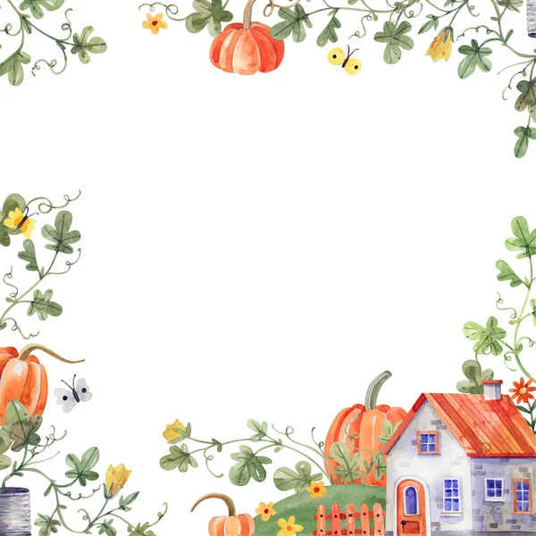 タイル張りの屋根 オレンジのカボチャと野菜の庭の水彩イラストの正方形のフレームと居心地の良い田舎の家 カード スクラップブッキング デカッページのための手描きイラスト — ストック写真