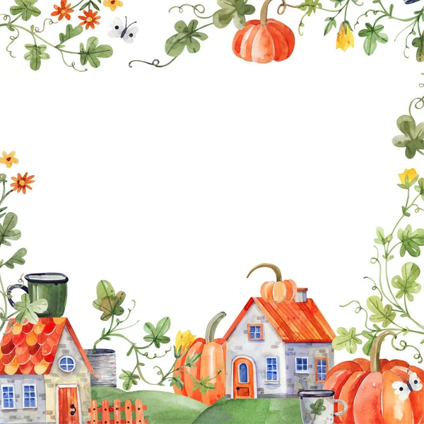 Kwadratowa Ramka Akwarela Ilustracja Wiejskimi Domami Dynia Ogród Pomarańczowe Dynie — Zdjęcie stockowe