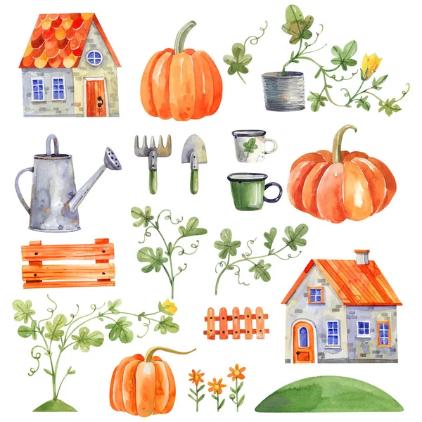 Set Watercolor Illustrations Rural Houses Pumpkins Garden Tools Plants Textiles — Stock Photo, Image