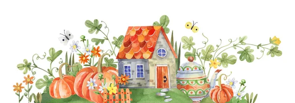 タイル張りの屋根 オレンジのカボチャと庭の水彩画のイラストを持つ居心地の良い田舎の家 カード スクラップブッキング デカッページのための手描きイラスト — ストック写真