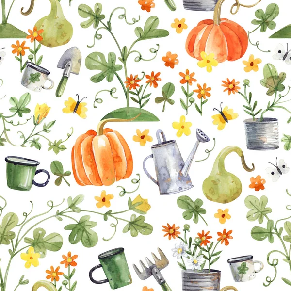 Orangefarbene Kürbisse Blumen Gartengeräte Aquarell Illustration Nahtloses Muster — Stockfoto