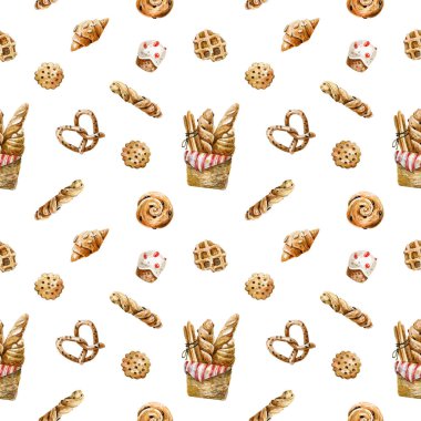 Pasta ve şekerleme ile suluboya resimleme kusursuz arka plan. Ekmek sepeti, çörekler, waffle 'lar, kruvasanlar ve diğer dikişsiz pastalar..