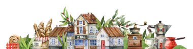 Suluboya resimleme - şirin evleri, kahve evi, fincanlar, kahve makineleri ve tatlı hamur işleri olan bir kahve sokağı. Kafelerin, fırınların, hatıra defterlerinin dekorasyonu için yatay arkaplan