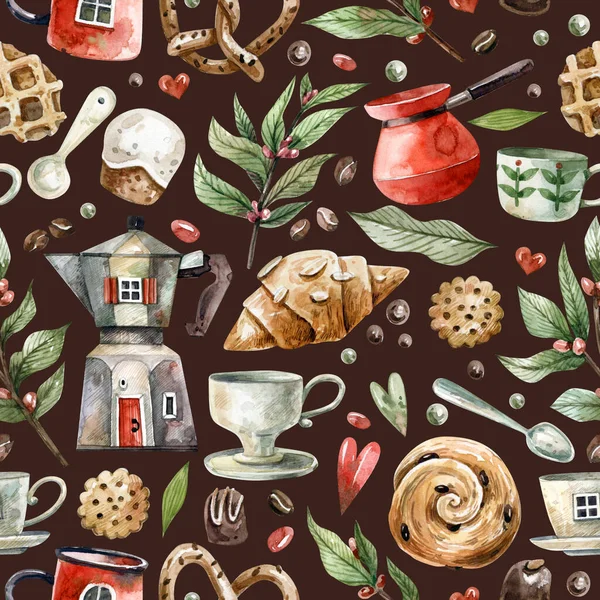 Akvarell Sömlös Bakgrund Med Kaffe Saker Bakverk Och Andra Små — Stockfoto