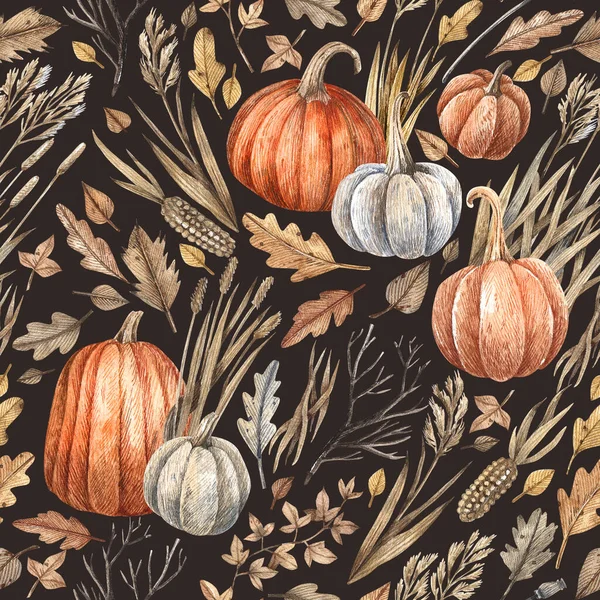 Akvarel Bezešvný Vzor Dýněmi Suché Bylinky Podzimní Listy Tmavém Pozadí — Stock fotografie