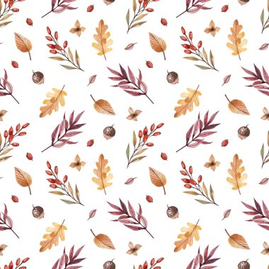 Suluboya, dikişsiz arkaplan, sonbahar yaprakları, böğürtlen, meşe palamudu....