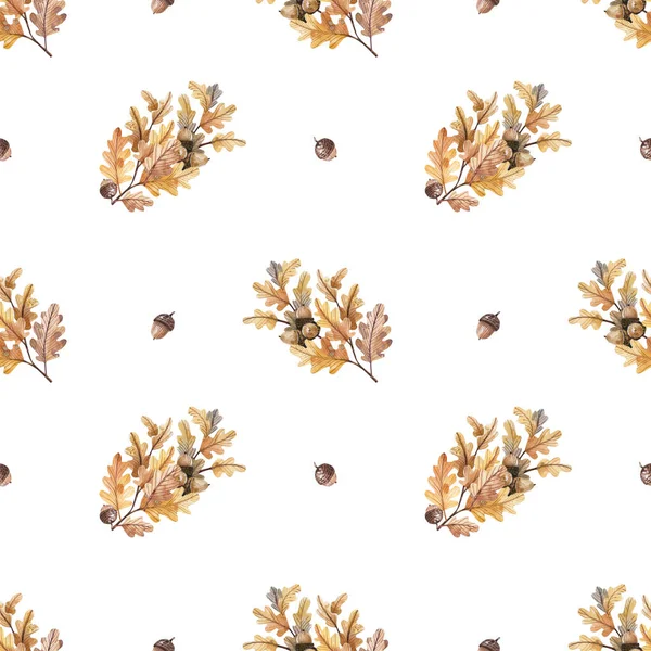 Herfst Eiken Takken Eikels Een Witte Achtergrond Aquarel Patroon — Stockfoto