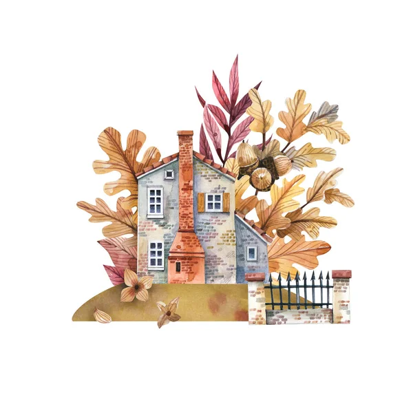 带有秋天花园水彩画的老式砖房 — 图库照片