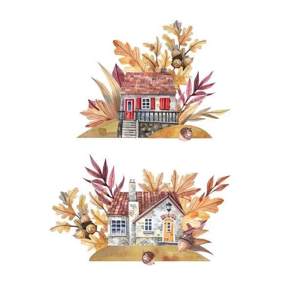 秋天的房子在黄红相间的花园里留下了水彩画 — 图库照片