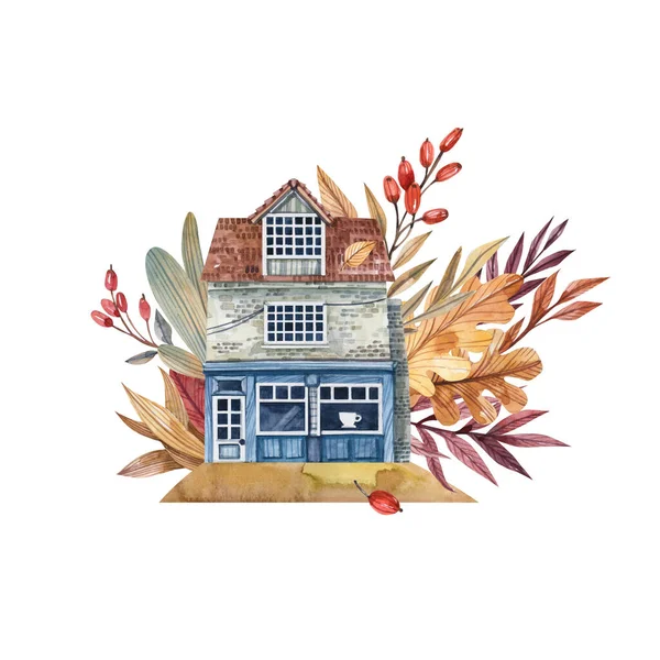 Kavárna Starém Domě Podzimní Zahradní Akvarel Ilustrace — Stock fotografie