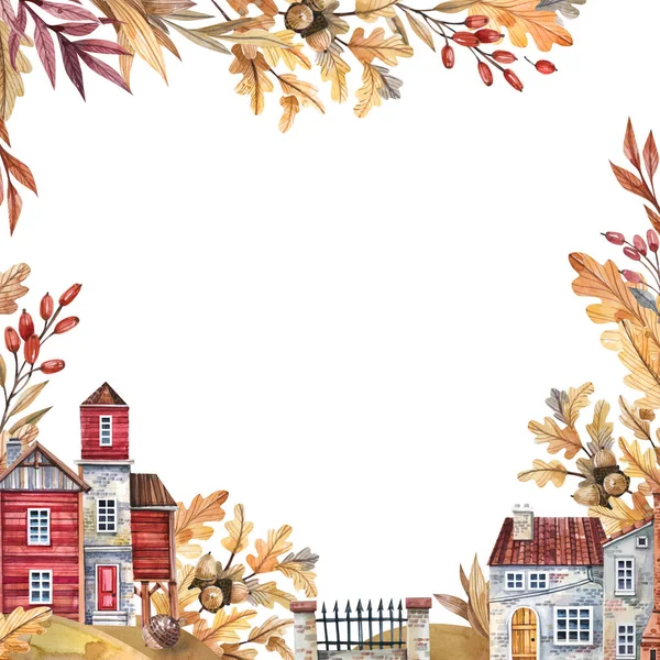 Akvarelový Rám Podzimními Listy Venkovskými Domy Žaludy Bobulemi — Stock fotografie