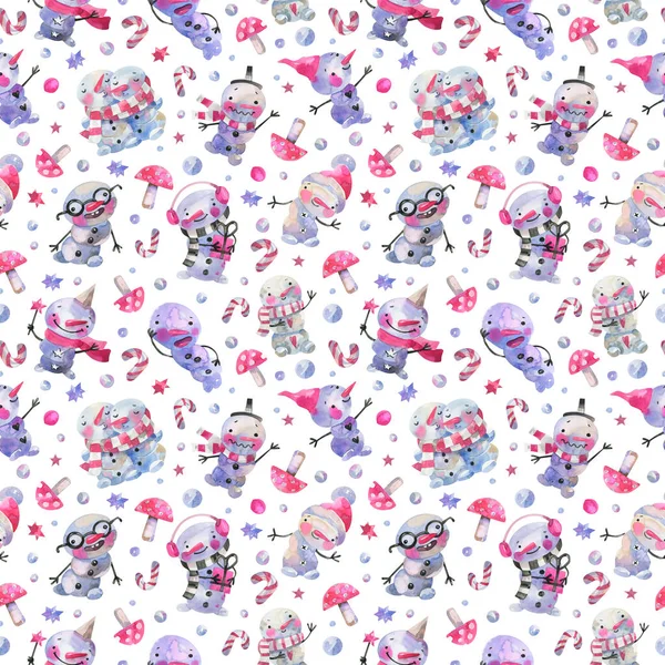 Watercolor seamless pattern with cute, funny snowmen, fly agaric, stars and candy canes on a white background. Texture for wrapping paper, festive textiles, decor.