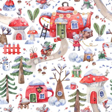Çizgi film, şirin fare karakterlerinin Noel 'i kış ormanı köyünde kutlamaya hazırlandığı kusursuz bir Noel deseni. Şenlikli, Noel arkaplan suluboya çizimi.