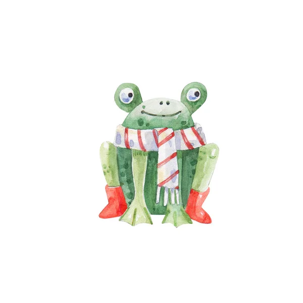Cute cartoon character - a frog in a scarf and winter boots. Watercolor illustration isolated on a white background