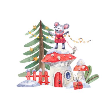 Çizgi film suluboya çizimi, bir fare fermuarik evinin yanındaki Noel ağacını süslüyor. Noel suluboya çizimi.