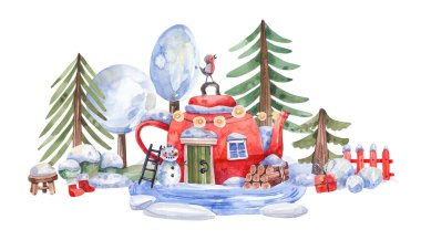 Noel, muhteşem orman manzaralı yeni yıl çizimi. Çaydanlık evi, karlı ağaçlar, kar yığınları çizimleri.