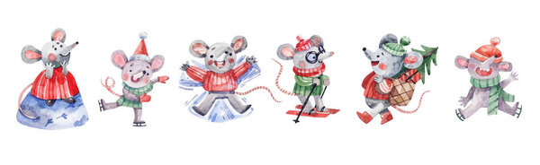 Набор симпатичных персонажей мультфильмов - мыши в зимних костюмах, зимние мероприятия, подготовка к Рождеству. Акварель на белом фоне.