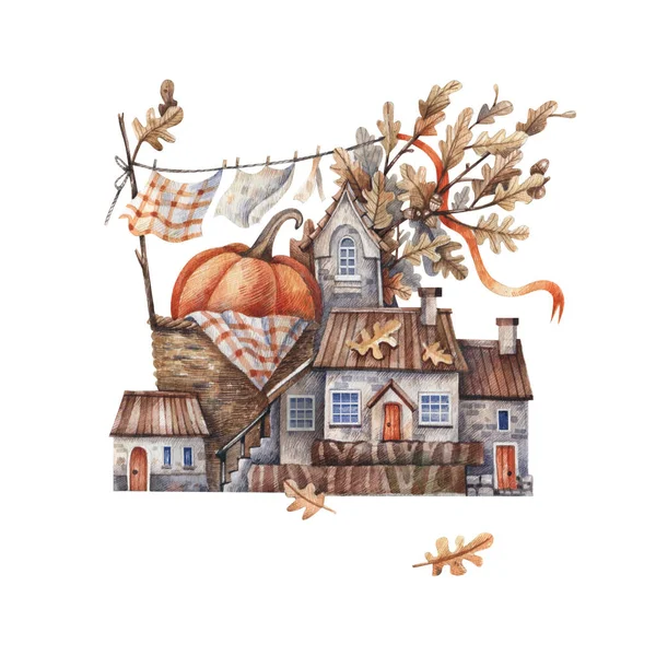 Vintage Autumn Street Pumpkins Autumn Oak Leaves Straw Basket Watercolor — Stock Photo, Image