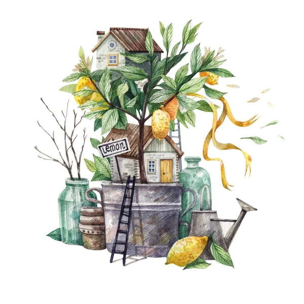 Lemon garden with garden decor and farmhouses watercolor illustration in vintage style. Illustration for postcards, scrapbooking, decoupage cards.