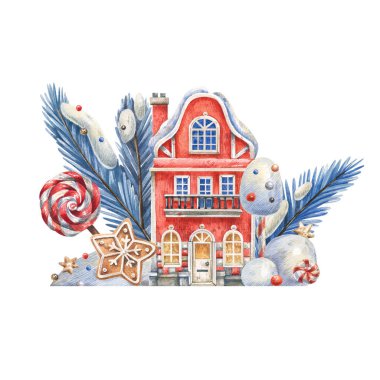 Kırmızı, karla kaplı, Noel şekerleri ve Noel ağacı dallarıyla çevrili, suluboya, elle çizilmiş resimler..