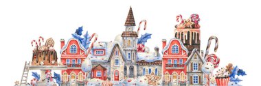 Samimi evleri, Noel tatlıları ve bitkileri olan karlı bir Noel sokağı. Peri masalı suluboya resimleri. Pastalar, kekler, şekerler, eski evler Noel arkaplanı.