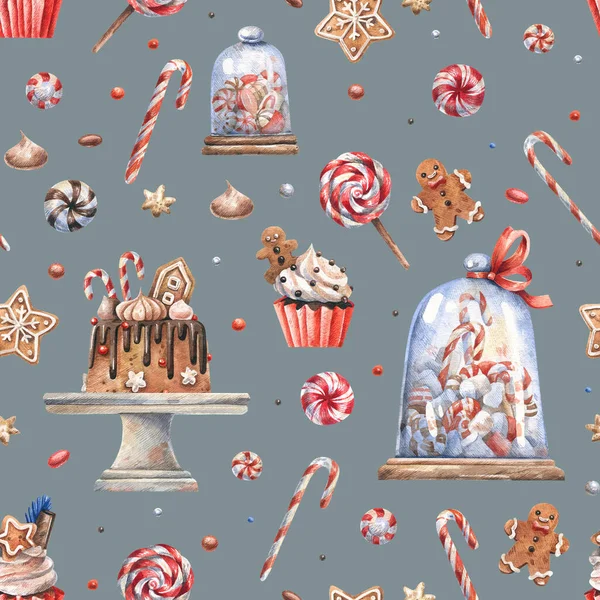 Watercolor seamless pattern with sweets, desserts and Christmas candies on a gray background. Vintage, watercolor background for wrapping paper, textile, holiday decor.