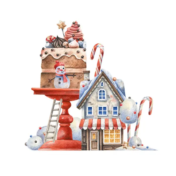 Christmas illustration with a cute, snow-covered house, Christmas sweets, cake, candies and a little snowman. Hand drawn watercolor illustration.
