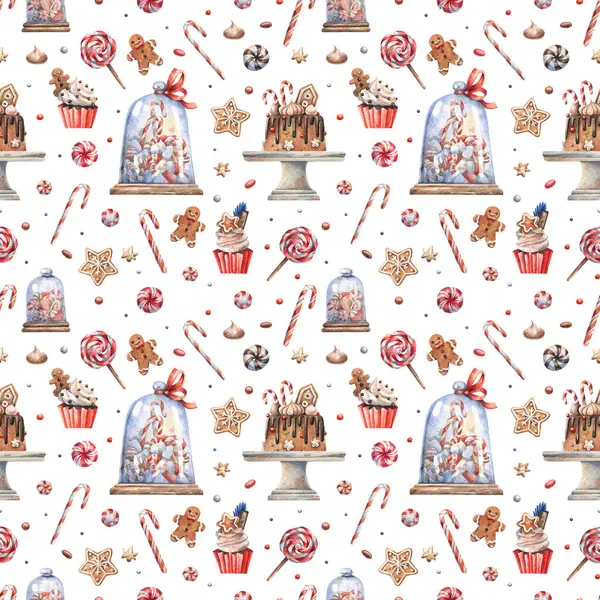 Weihnachtsbonbons Handgezeichnet Aquarell Nahtlose Muster Auf Weißem Hintergrund Kuchen Cupcakes lizenzfreie Stockbilder