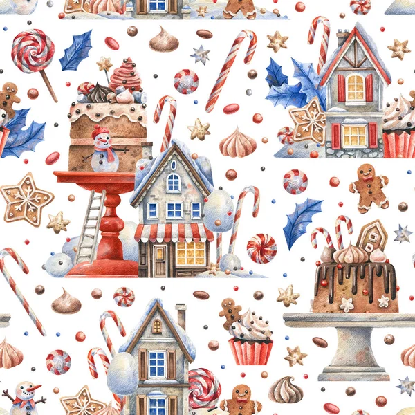 Weihnachten Nahtlos Muster Mit Süßigkeiten Und Gemütlichen Schneebedeckten Häusern Auf Stockfoto