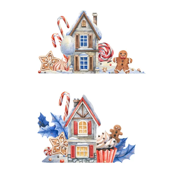 Niedliche Schneebedeckte Häuser Umgeben Von Weihnachtlichen Süßigkeiten Aquarell Illustration Auf Stockbild