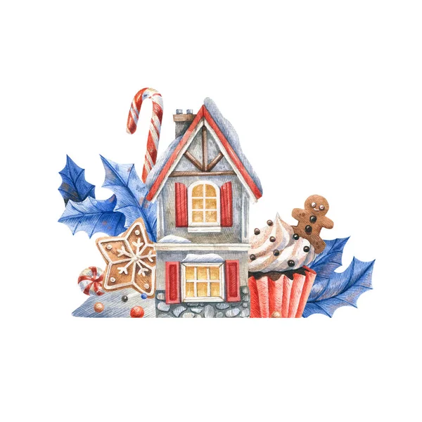 Schneebedecktes Weihnachtshaus Umgeben Von Weihnachtsgebäck Weihnachtssternen Märchenhafter Aquarell Illustration Auf Stockbild