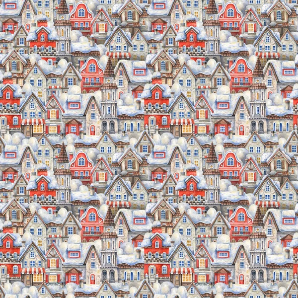 Winter houses covered with snow seamless pattern. European vintage houses in the snow, festive, winter background.