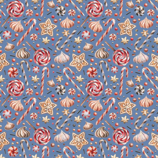 Traditionelle Weihnachtsbonbons Mit Nahtlosem Muster Auf Blauem Hintergrund Bonbons Ingwerplätzchen Stockbild