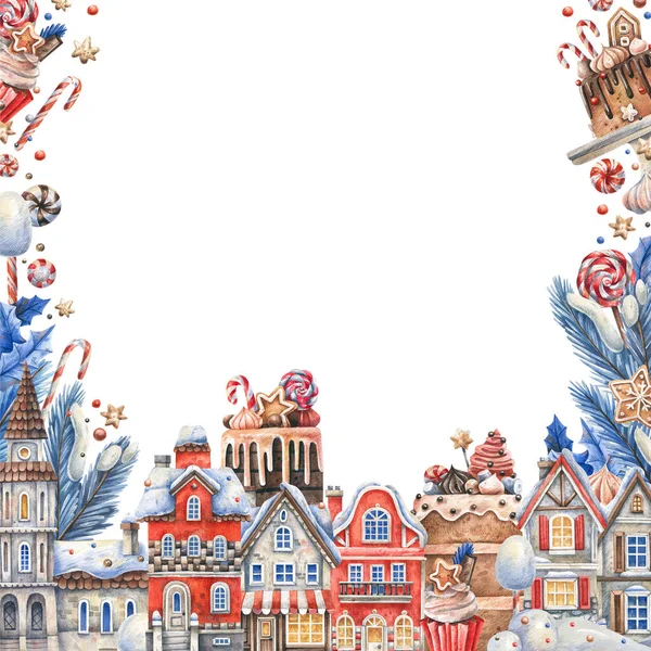 Quadratische Rahmen Mit Kuchen Weihnachtsgebäck Schneehäusern Tannenzweigen Aquarell Weihnachten Illustration Stockbild