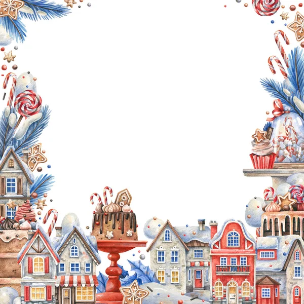 Aquarell Illustration Von Weihnachtsgebäck Winterhäusern Schnee Konfetti Und Weihnachtsbaumzweigen Quadratischer lizenzfreie Stockfotos