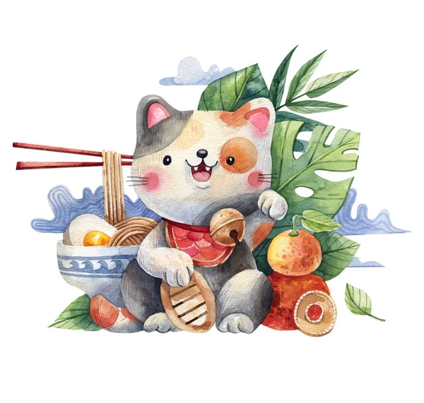 라면의 배경에 귀여운 전통적인 마네키 고양이 수채화 스톡 이미지