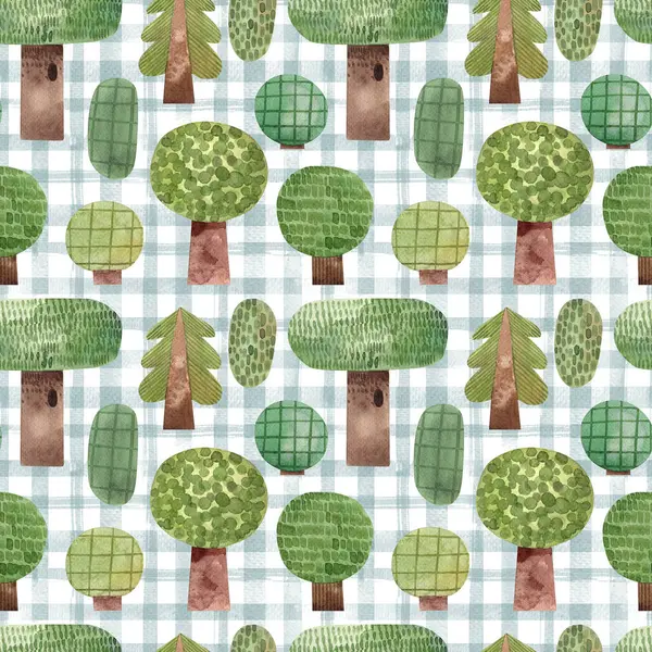 Patrón Sin Costura Dibujos Animados Con Árboles Arbustos Forestales Fotos De Stock