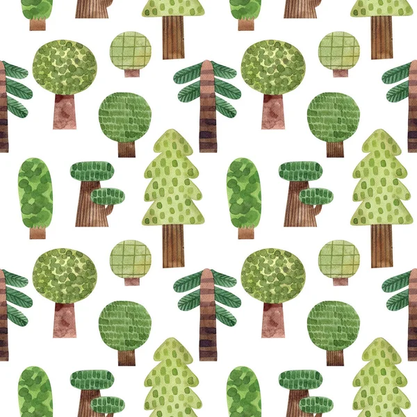 Patrón Sin Costuras Acuarela Con Árboles Arbustos Forestales Sobre Fondo Imágenes De Stock Sin Royalties Gratis