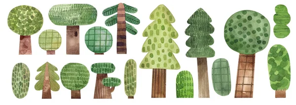 Aquarell Illustration Von Waldbäumen Und Sträuchern Auf Weißem Hintergrund Cartoon lizenzfreie Stockbilder