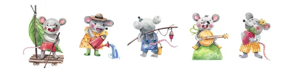 Set Von Niedlichen Baby Maus Figuren Aquarell Illustration Stockfoto